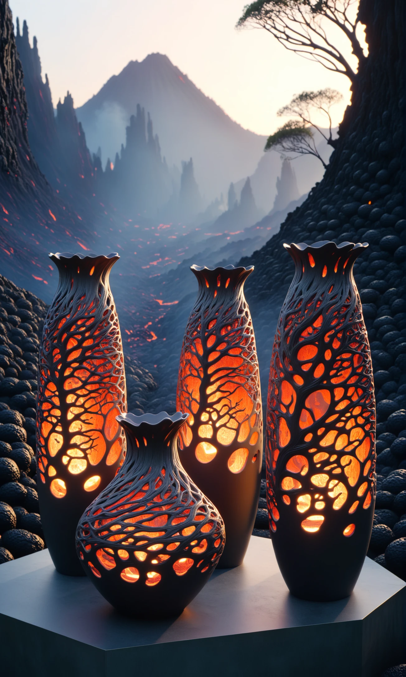 (different:1.5) tall vases and pots in lava style, dry branches, on the podium, ral-lava, High detailed RAW color Photo, 8k, ultra detailed <lora:DetailMaximizer:1>