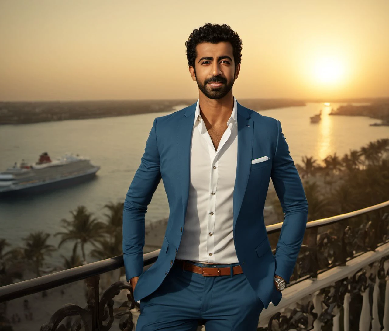 Nautical-themed (Photo:1.3) of (Ultrarealistic:1.3) <lora:Man_Men_FFashion:1> Kal Penn a man <lora:Roshan-Mathew_Kal-Penn:0.8>,  in a blue suit standing on a balcony, handsome man, attractive man, handsome male, sun behind him, inspired by Pablo Munoz Gomez, shot at golden hour, editorial photograph, midshot of a hunky, by Roman Bezpalkiv, by Artur Tarnowski, maxim sukharev, by Gabor Szikszai,Highly Detailed,(Mono Color:1.3) . Sea, ocean, ships, maritime, beach, marine life, highly detailed