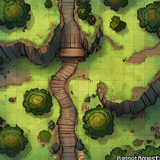 battlemap, best quality, masterpiece, map of a forest path with cliffs on both sides, wooden palisade, clearing in the center  <lora:SDXL-Battlemaps:0.6>