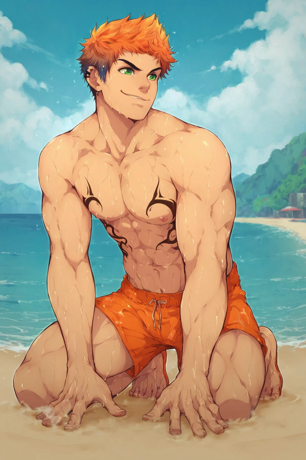 Boy, slim, Cute, Pale white skin, green eyes, Short red hair, on beach, looks shyly at the viewer, smiling, wet, spread legs, ass view, back view, white shorts, lies on the sand, slim boy body, ass focus, stands on all fours,