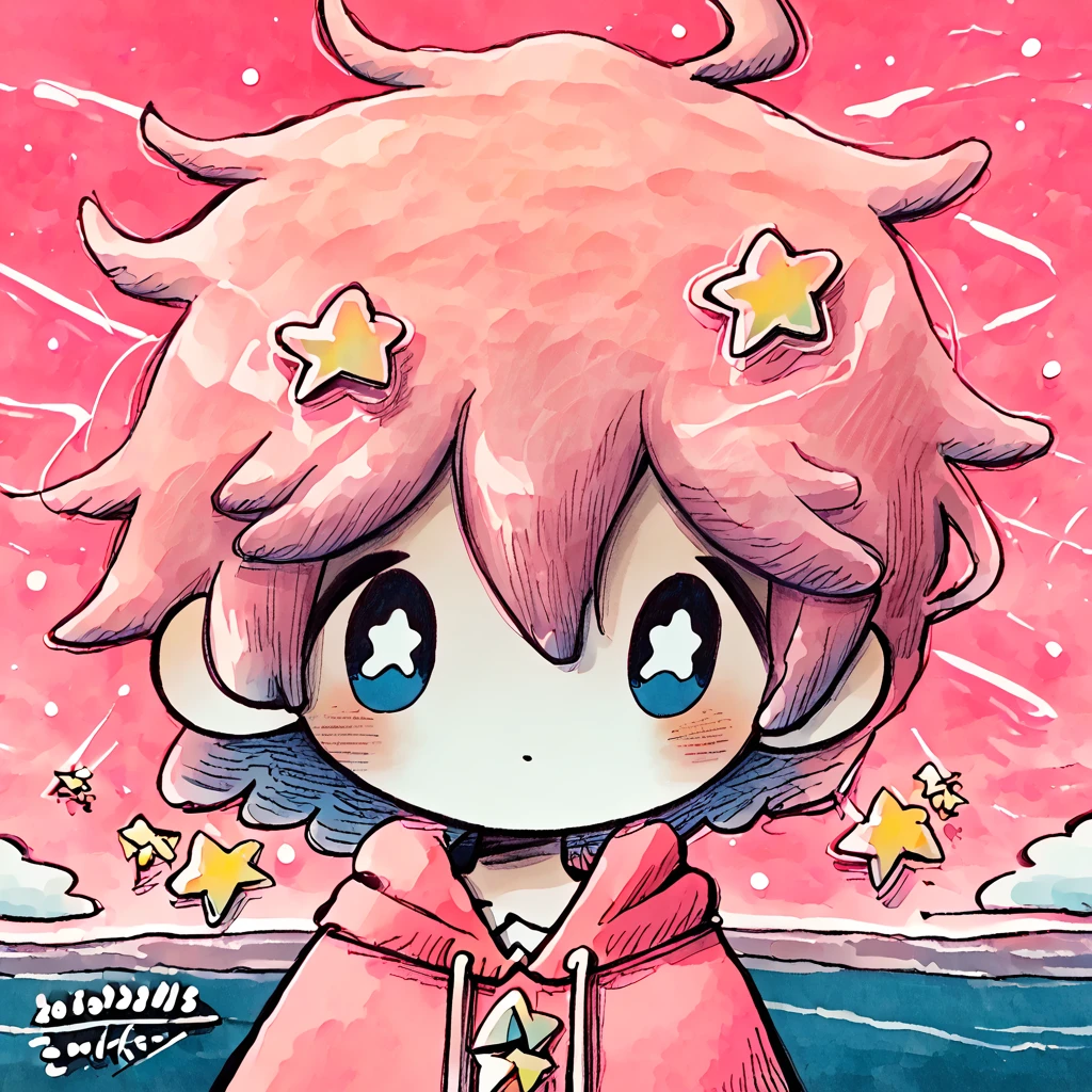 <lora:zukky000:1.5>
 <lora:Kirby_Gijinka:1> pink hair, solo, blue eyes, 1boy, short hair, star (symbol), ahoge, pink hoodie