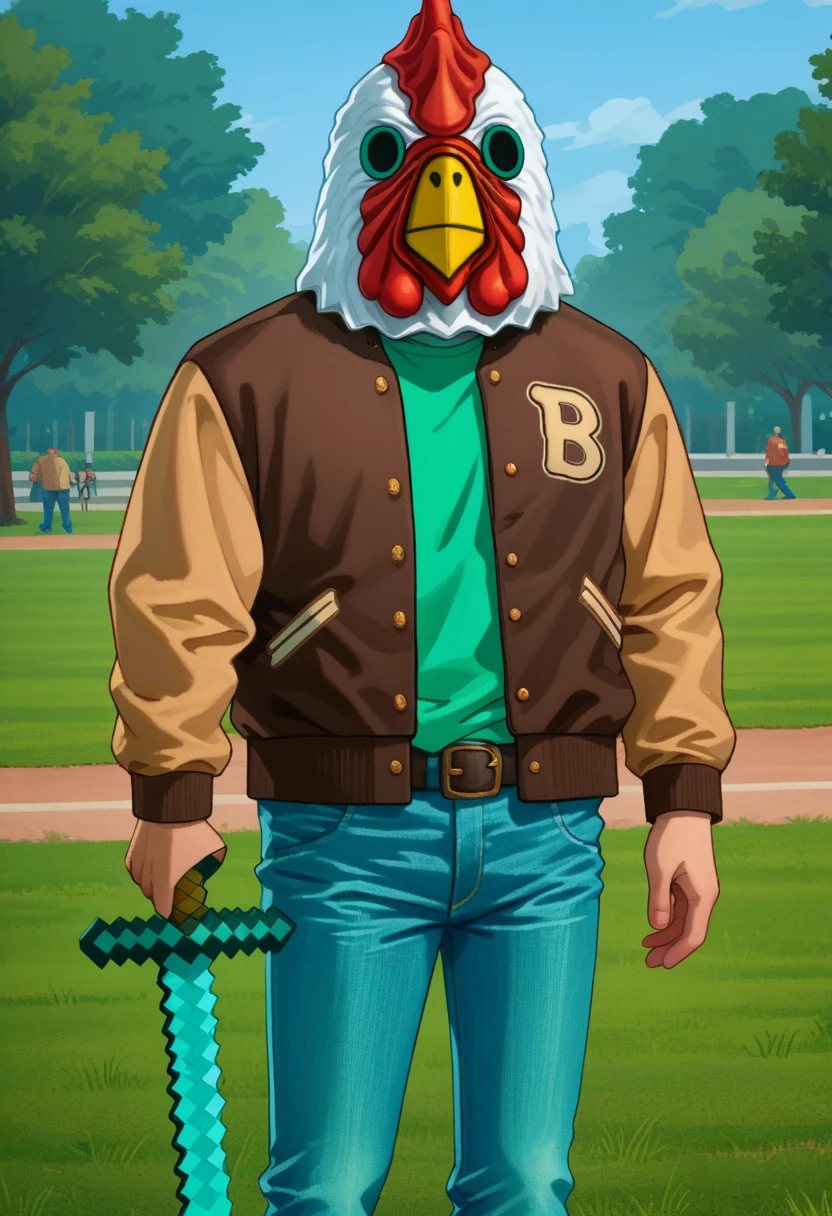 score_9, score_8_up, source_anime, 1boy, solo, diamond sword, holding weapon, holding sword, JacketHotlineMiami, mask, letterman jacket, brown jacket, green shirt, belt, jeans, outdoors, <lora:ChamJacketHotlineMiamiPonyXL:1>, <lora:DiamondSword_XLPD:1>