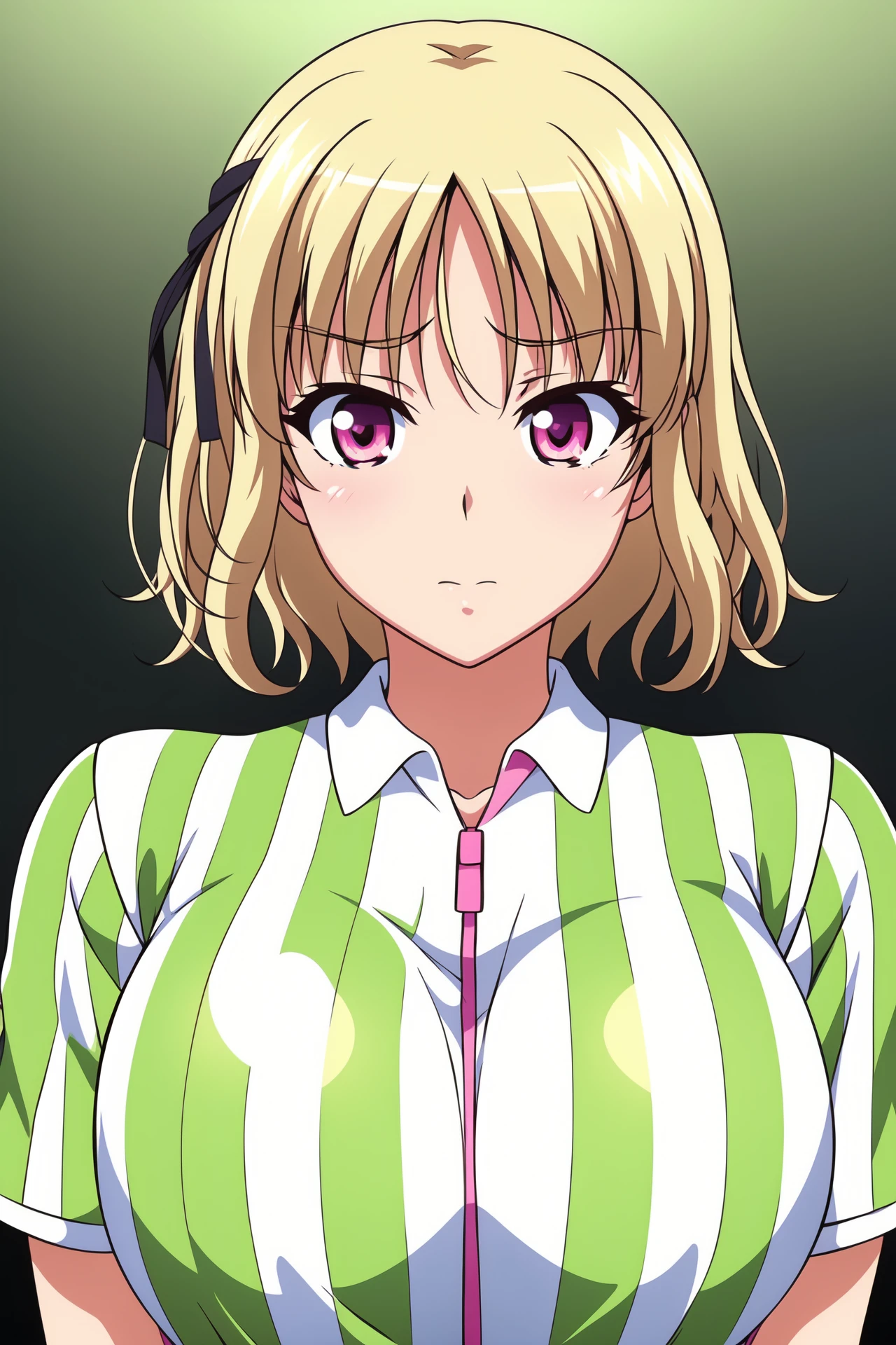 Simple Background,Green Background,
dynamic pose,standing at attention,
vertical-striped shirt, green and white shirt ,
short sleeves, pleated skirt, 
<lora:Shiori_Fuyutsuki_StoreManager-KK77-V1:0.7>,
pink eyes, blonde hair,bangs,Short hair,hair ribbon, 
<lora:more_details:0.1>,<lora:NovelAI_YesMix5_KKStyle-KK77-Yes5-V1:0.3>,
1 girl, 20yo,Young female,Beautiful long legs,Beautiful body,
Beautiful Nose,Beautiful character design, perfect eyes, perfect face,expressive eyes,perfect balance,
looking at viewer,(Focus on her face),closed mouth, (innocent_big_eyes:1.0),(Light_Smile:0.3),
official art,extremely detailed CG unity 8k wallpaper, perfect lighting,Colorful, Bright_Front_face_Lighting,White skin,
(masterpiece:1.0),(best_quality:1.0), ultra high res,4K,ultra-detailed,
photography, 8K, HDR, highres, absurdres:1.2, Kodak portra 400, film grain, blurry background, bokeh:1.2, lens flare, (vibrant_color:1.2),professional photograph,
(Beautiful,large_Breasts:1.4), (beautiful_face:1.5),(narrow_waist),