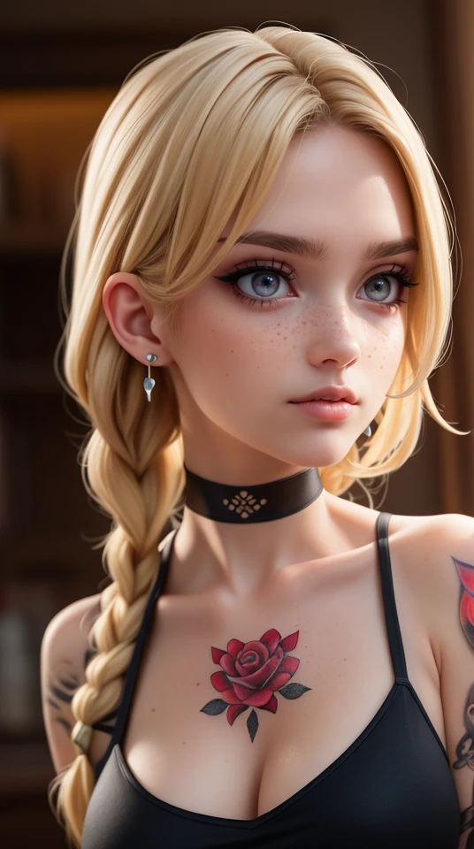 SFW,highest quality,woman,27 year old,backlighting,black choker,blurry background,blush,closed mouth,collarbone,earrings,forehead,freckles,hair over shoulder,jewelry,long hair,looking down,pointy nose,lips glossy,shadow,solo,thick eyebrows,thick eyelashes,upper body, expressive eyes, medium eyes, detailed eyes,blond hair,braids,tattoos,tattoos on arms,black rose tattoos on neck,sun beams,warm light,cozy,((masterpiece)),