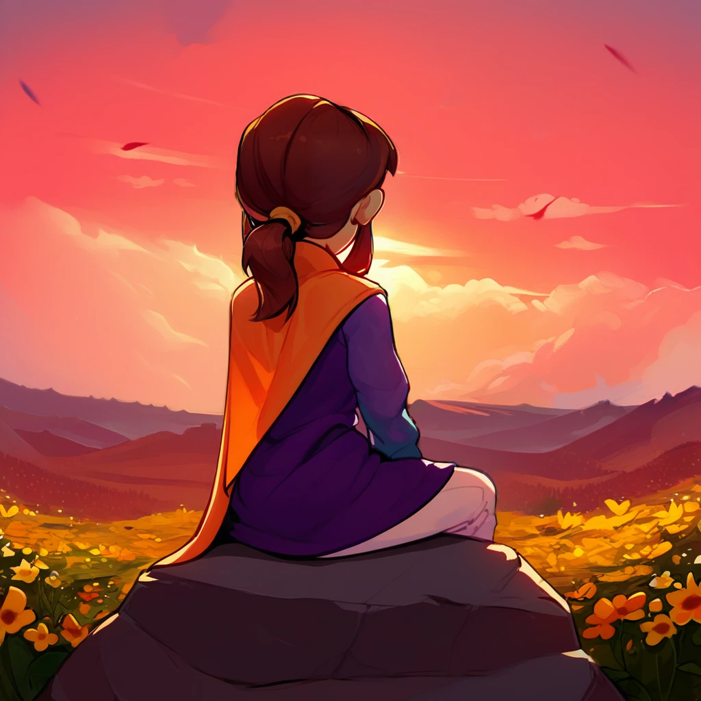 <lora:hatkid:1>,1girl,solo,hat-kid,brown hair,sidelocks,ponytail,purple top hot,purple dress,yellow cape,white pants,
facing away,from behind,flower field,sitting on rock,arm support,sunset,cloudy sky,red sky,, score_9, score_8_up, score_7_up, perfect anatomy, source_anime, zPDXL2,