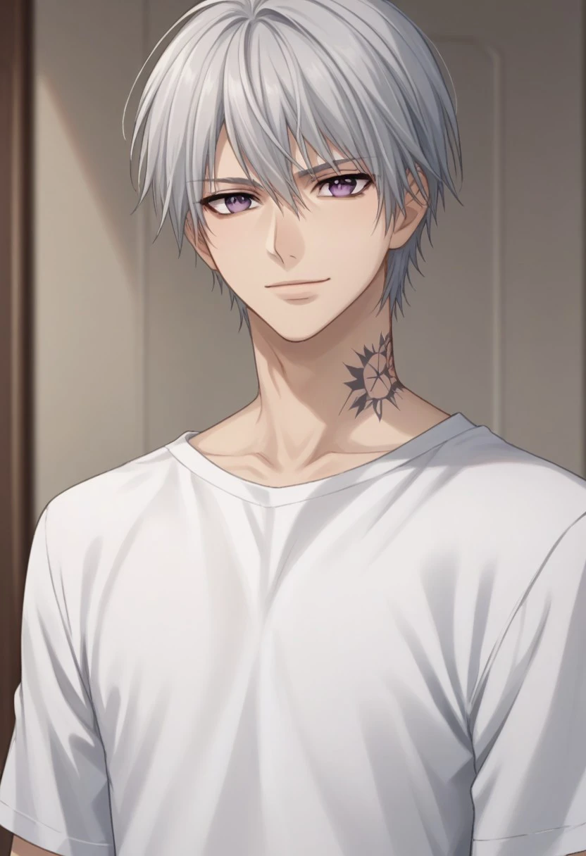 score_9, score_8_up, score_7_up, source_anime, highly detailed, 
ZeroKiryu, 1boy, solo, male focus, upper body, grey hair, standing, looking at viewer, purple eyes, tattoo, neck tattoo, shirt, white shirt, t-shirt,
indoor, soft smile,