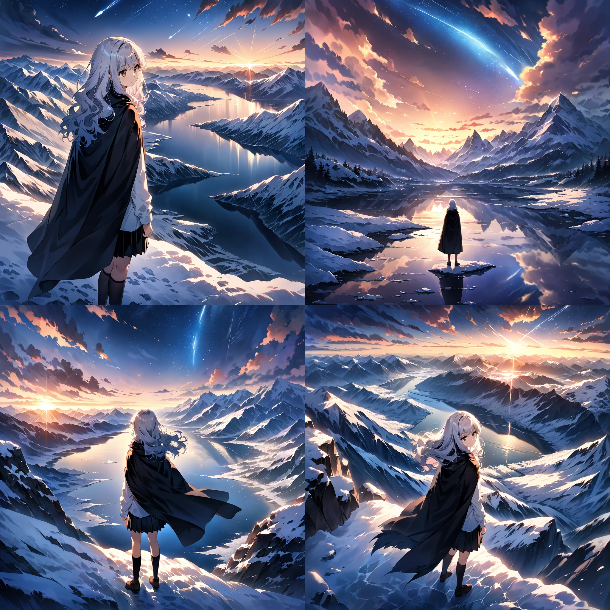 ( Extreme Detailed, Natural, High Resolution 8K, Hyperrealistic) One Girl view sky starry night full moon and mountain landscape 