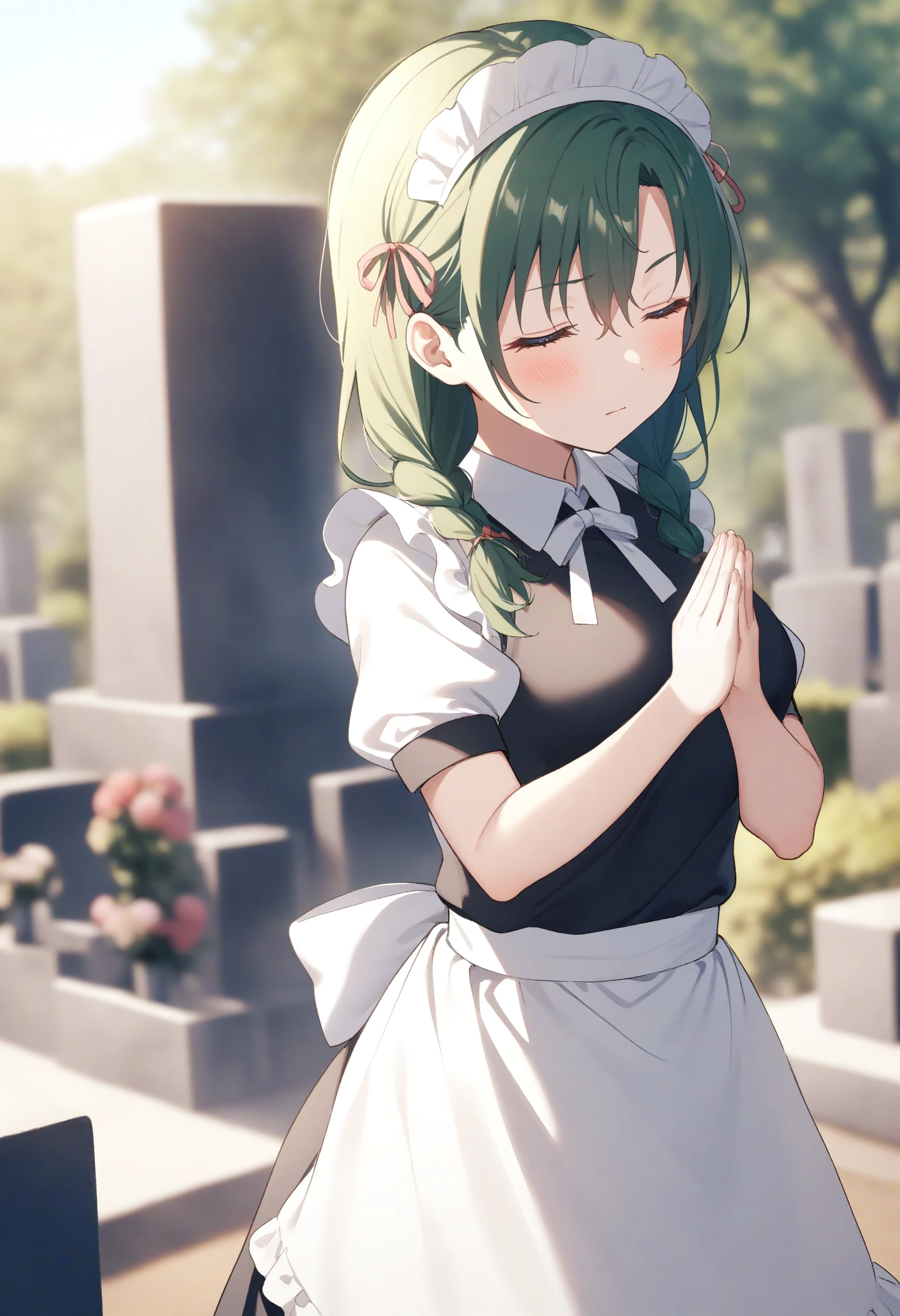 1girl,sincos, ningen mame, toosaka asagi,solo,medium breasts,20yo,maid,maid headdress,
day, closed mouth, grave, expressionless, graveyard, palms together, sotoba, short sleeves, clapping,  standing, closed eyes, <lora:tombstone_XL_v1:0.8>
from behind, upper body, looking back, green hair, brown eyes,twin braids hair,,
best quality, very aesthetic, absurdres