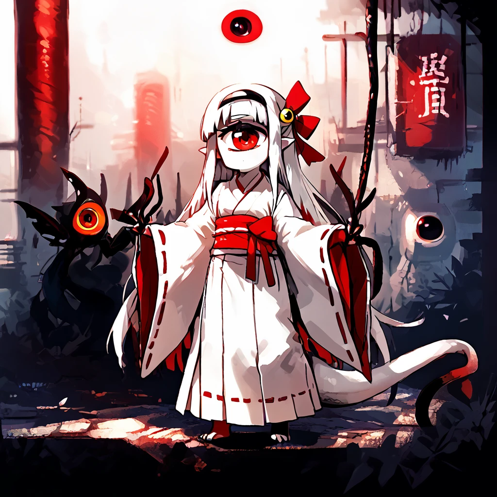 <lora:Rainworld_paintings_artstyle_sdxl:1> rainworldartstyle
 <lora:b02gkb:1> 02beco, white hair, long hair, japanese clothes, miko, one-eyed, cyclops, monster girl, wide sleeves, red eyes, blunt bangs, pointy ears, ribbon-trimmed sleeves, skirt, bow, ribbon trim, hairband, colored skin, white skin, wings, tail, hair ornament, red long pleated skirt