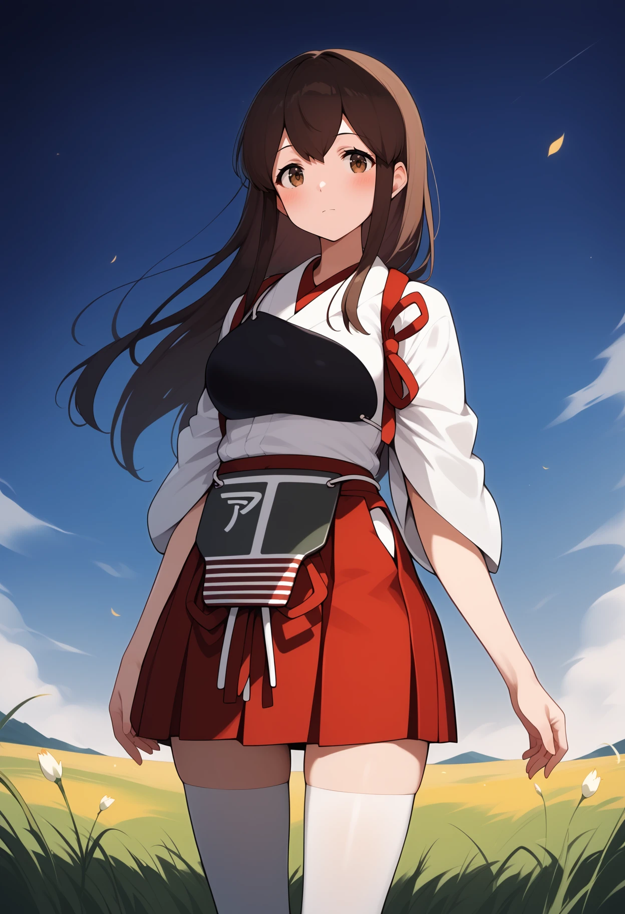 score_9, score_8_up, score_7_up, score_6_up, score_5_up, score_4_up, source_anime, aaakagi, long hair, brown hair, brown eyes, japanese clothes, muneate, tasuki, hakama skirt, red hakama, white thighhighs, <lora:akagi_(kancolle)_ponyxl_v1:0.9>, standing, cowboy shot, field,