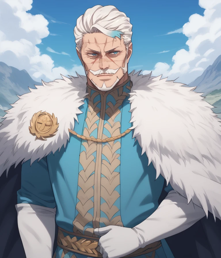 edward avalaché,elder man, score_9, score_8_up, score_7_up, source_anime,
1boy,
elder man,
scar on face,
white facial hair,
white hair,
sharp looking thick ,mustache and beard,
light blue outfit with ,white long gloves,
large cape with white fur,
numerous lining ,around face,
sky blue gradient eyes,
male focus,
mature,
muscular,
bara,<lora:Edward_Avalaché:0.9>