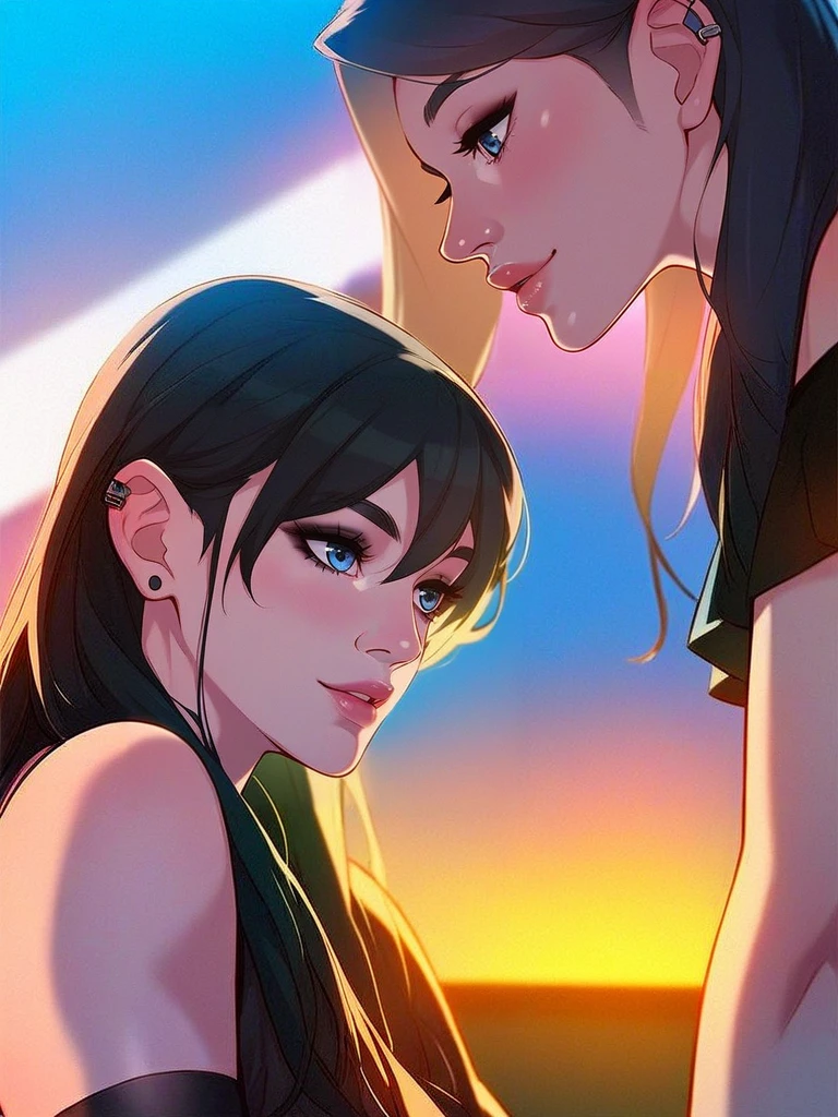 score_9,score_8,score_7,score_8_up,score_7_up,score_6_up, 2 girl, long hair, petite, goth girls,fully clothed. thighhighs, facing each other, standing, posing,gamer bedroom,close up,t, volumetric lighting, vivid colours, Expressiveh, g0thicPXL, gamer, black hair