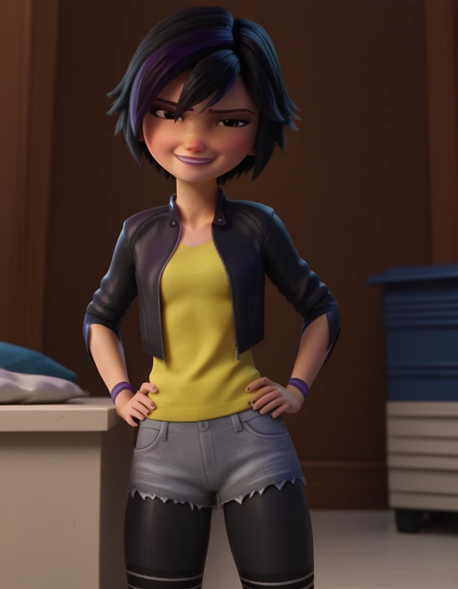 score_9, score_8_up, score_7_up, source_anime, <lora:go-go-tomago-movie-ponyxl-lora-nochekaiser:1>, go go tomago, short hair, black hair, black eyes, tomboy, streaked hair, purple hair, 3d,, shirt, jacket, pantyhose, open clothes, shorts, open jacket, black jacket, black pantyhose, denim, yellow shirt, grey shorts,, indoors, smug, smile, looking at viewer, solo, hands on hips,, cowboy shot, dutch angle