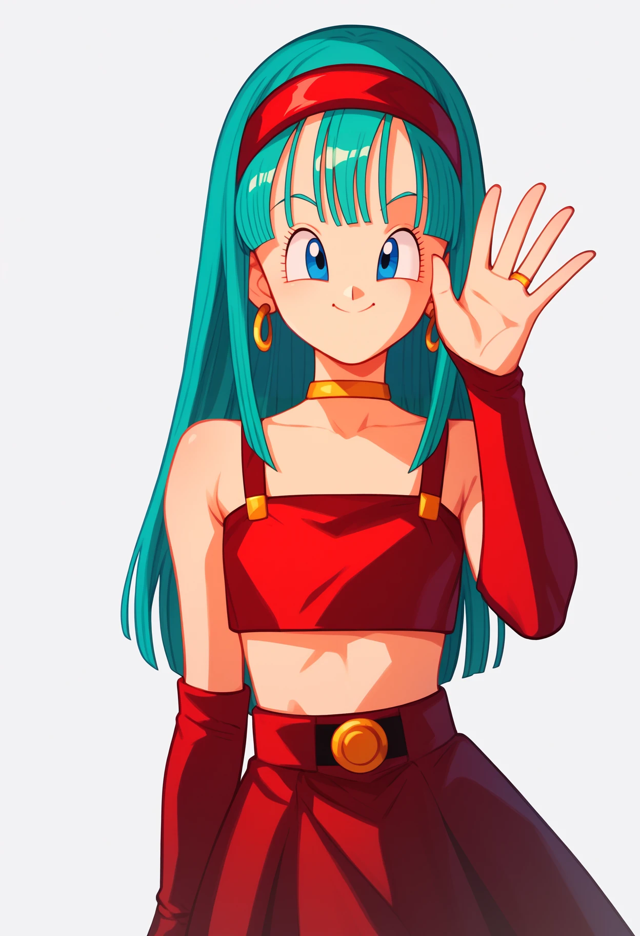 score_9, score_8_up, score_7_up, score_6_up, score_5_up, score_4_up, BREAK,
1girl, bulla, aqua hair, long hair, blue eyes, hairband,
choker, crop top, earrings, red bridal gauntlets, red skirt,
waving, smile, looking at viewer, solo, simple background, white background        <lora:BullaXL:1>