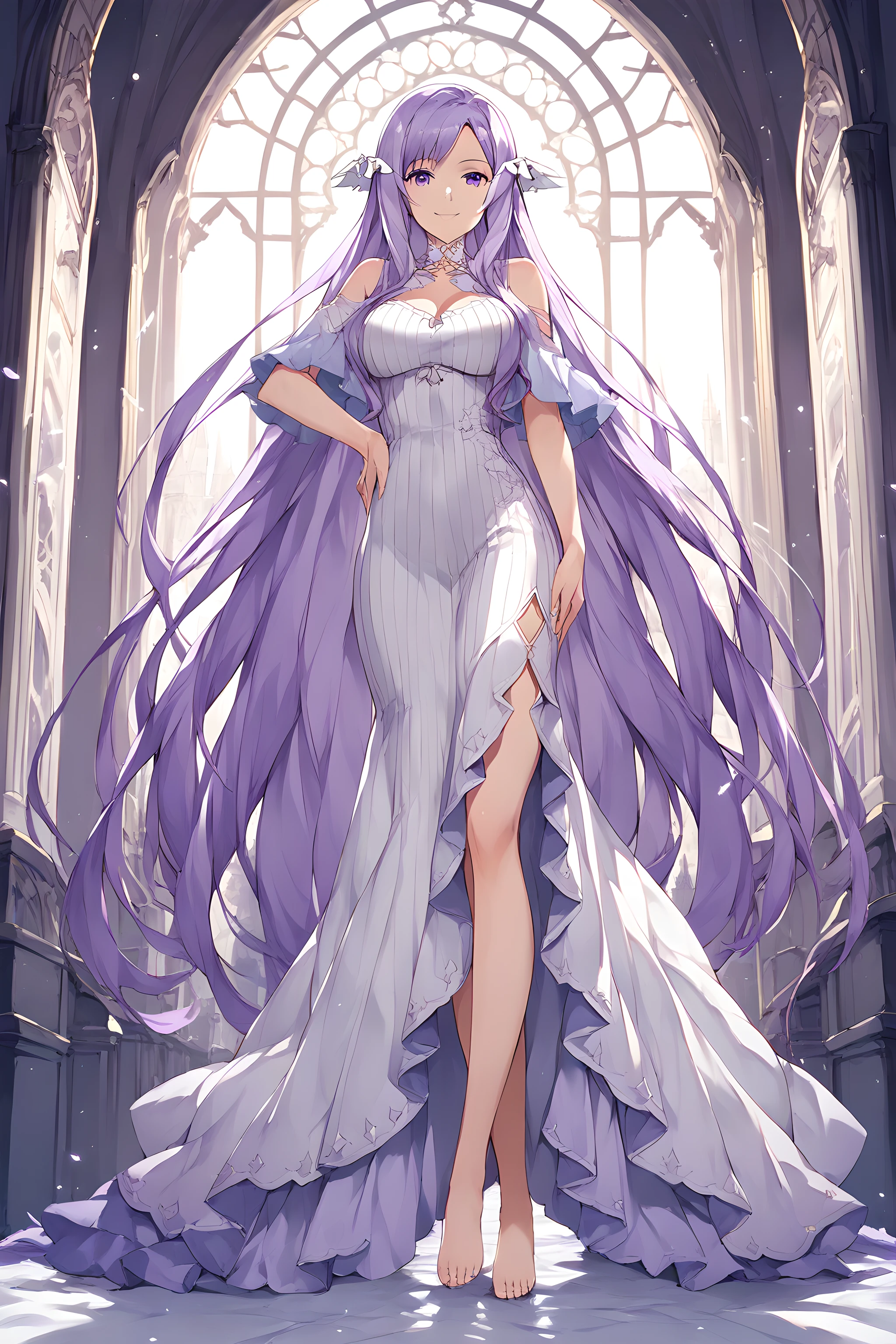 score_9, score_8_up, score_7_up, score_6_up, source_anime, quinella, 1girl, solo, long hair, dress, very long hair, barefoot, purple eyes, purple hair, white background, breasts, looking at viewer, full body, hand on hip, cathedral background, , white dress, smile <lora:Pony-XL-Quinella:1>