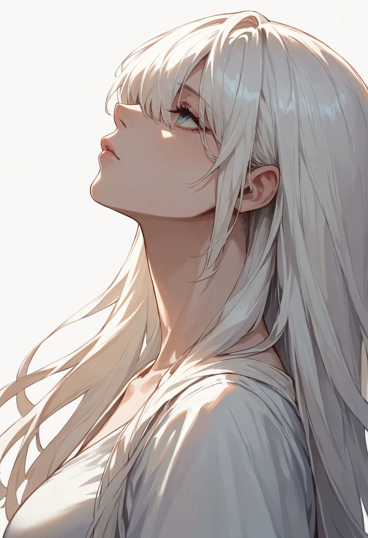 score_9,score_8_up,score_7_up,score_6_up, masterpiece, best quality, white background, black and white, monochrome, hair over eyes, girl, long hair, white hair, from side, looking up,
