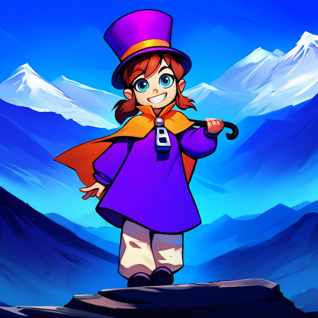 <lora:hatkid:1>,1girl,solo,hat-kid,brown hair,sidelocks,ponytail,blue eyes,purple top hat,purple dress,yellow cape,zipper pull tab,white pants,
looking at viewer, smile, holding umbrella like a cane, grin, outdoors, mountain, mountainous horizon, standing on rock,, score_9, score_8_up, score_7_up, perfect anatomy, source_anime, zPDXL2,