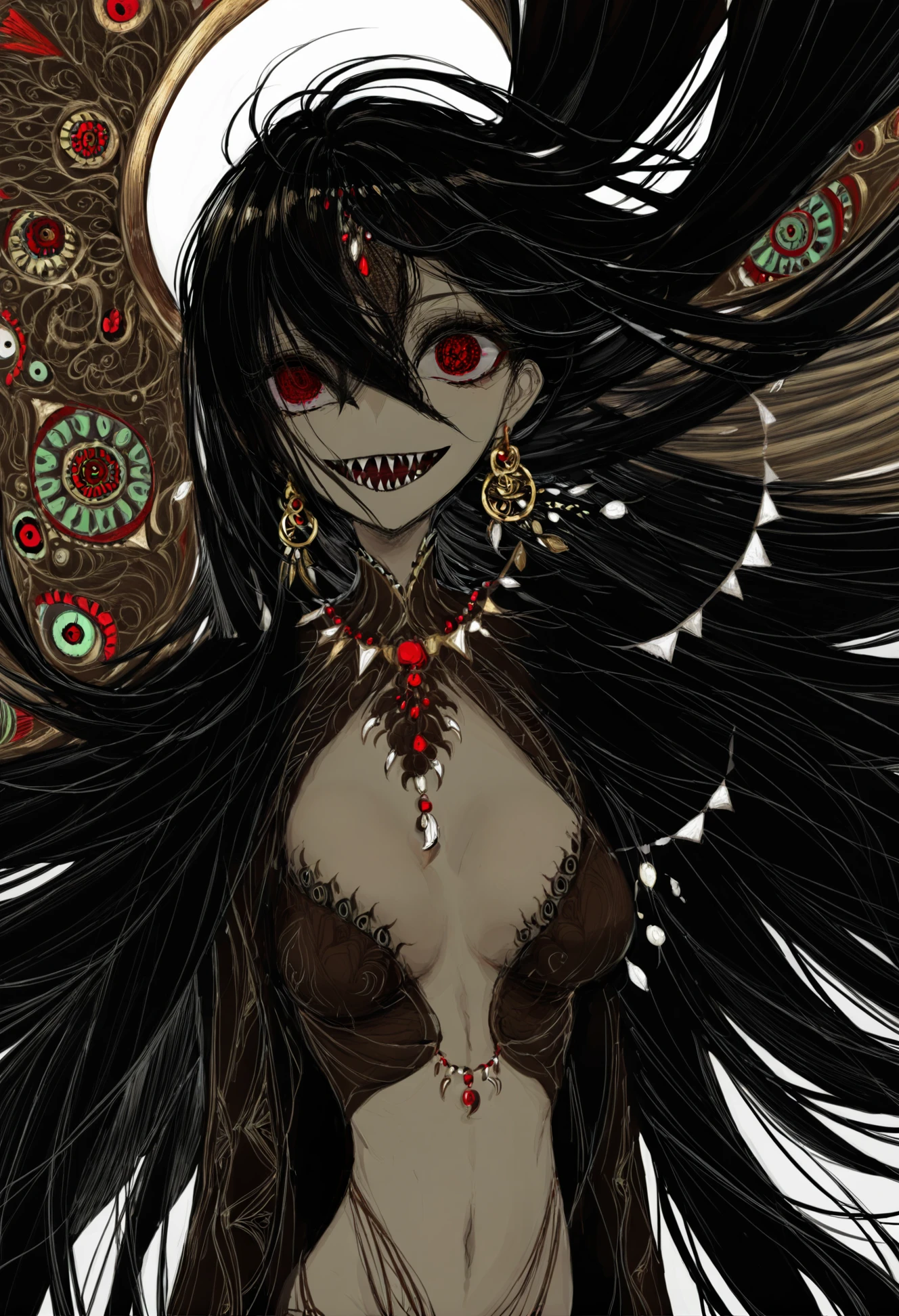 masterpiece, best quality,1girl, long hair, red eyes, jewelry, solo, earrings, black hair, looking at viewer, hair over one eye, very long hair, extra eyes, breasts, floating hair, navel, sharp teeth, smile, upper body, teeth, necklace  
<lora:NARUEXLlokr4f-000179:0.95>