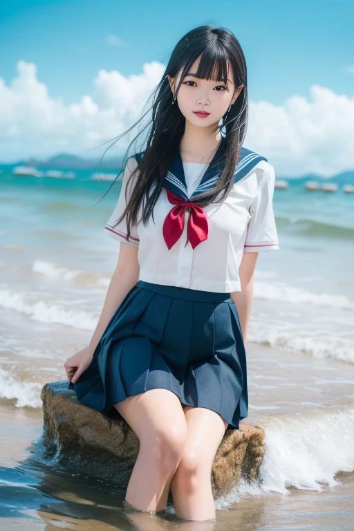 masterpiece,highest quality,ultra high resolution),japanese woman, Very beautiful girl, naive girl、perfect limbs、perfect anatomy、Shining beautiful skin、Moist eyes、blue sparkling hair、Colors and landscapes of youth、premonition of love、sailor suit、(((Two side up hair 1.5)))