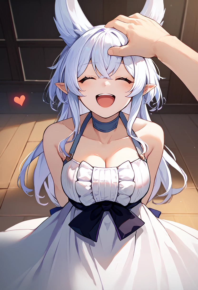 score_9, score_8_up, score_7_up, source_anime, headpat, pov hands, upper body, solo focus, 1girl, lv2fenrys, happy, open mouth, arms behind back, white hair, animal ears, pointy ears, closed eyes, heart \(shape\), white dress, sleeveless dress, waist bow, black bow, choker, bare shoulders, collarbone, cleavage, large breasts, indoors <lora:lv2supercheatpowers_fenrys_ponyXL:1> <lora:Headpat_XLPD:1>