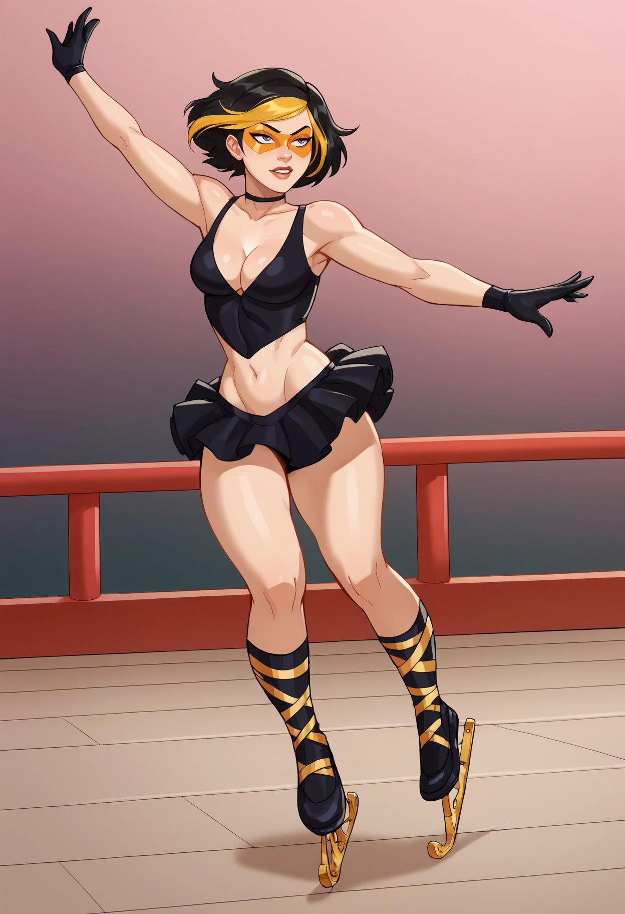 score_9, score_8_up, score_7_up, score_6_up, lilandavastyle BREAK, skating, dancing, ballet, 1girl, short hair, black hair, gold hair, multicolored hair, choker, domino mask, makeup, lipstick, gloves,black dress, midriff, thick thighs, cleavage  <lora:Golden_Glider_Kite_Man_r1:0.7> <lora:Lilandava_PDXL:0.8>