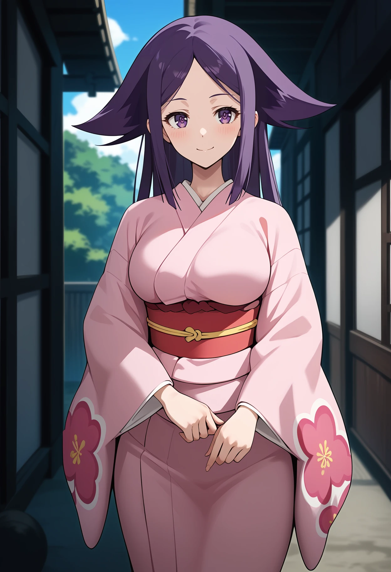 score_9, score_8_up, score_7_up, score_6_up, score_5_up, score_4_up, source_anime, aaoharu, long hair, purple hair, hair flaps, purple eyes, large breasts, japanese clothes, print kimono, pink kimono, long sleeves, obi, sash, <lora:oharu_ponyxl_v1:0.9>, standing, cowboy shot, outdoors, smile