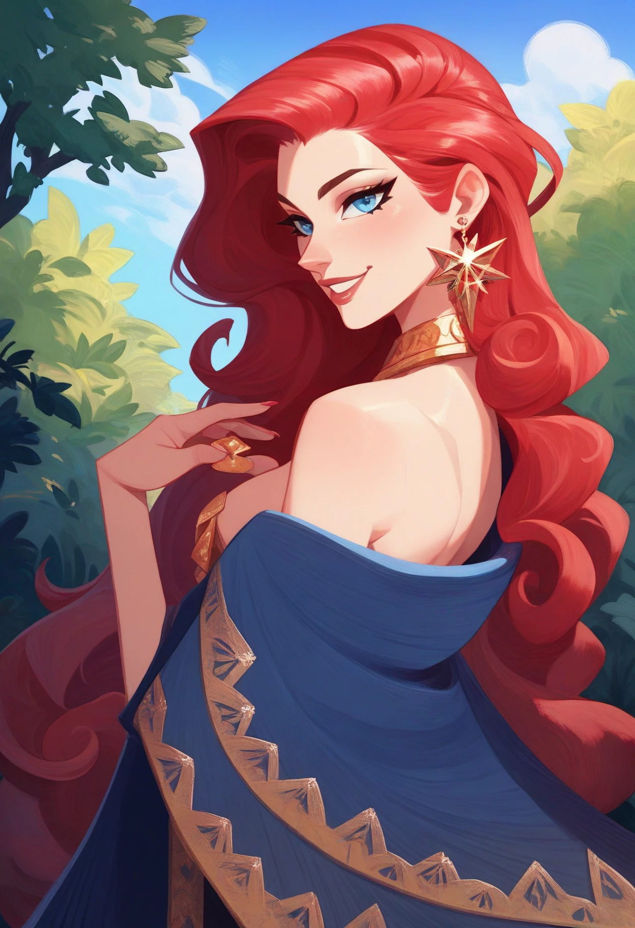 score_9, score_8_up, score_7_up, score_6_up,
1girl, female, solo, portrait, female focus, red hair, blue eyes, long hair, light skin, smile, looking at viewer, outdoors, beautiful, blue cloak, gold inlay, earrings,
<lora:afkArenaStylePony:1> afkArenaStyle