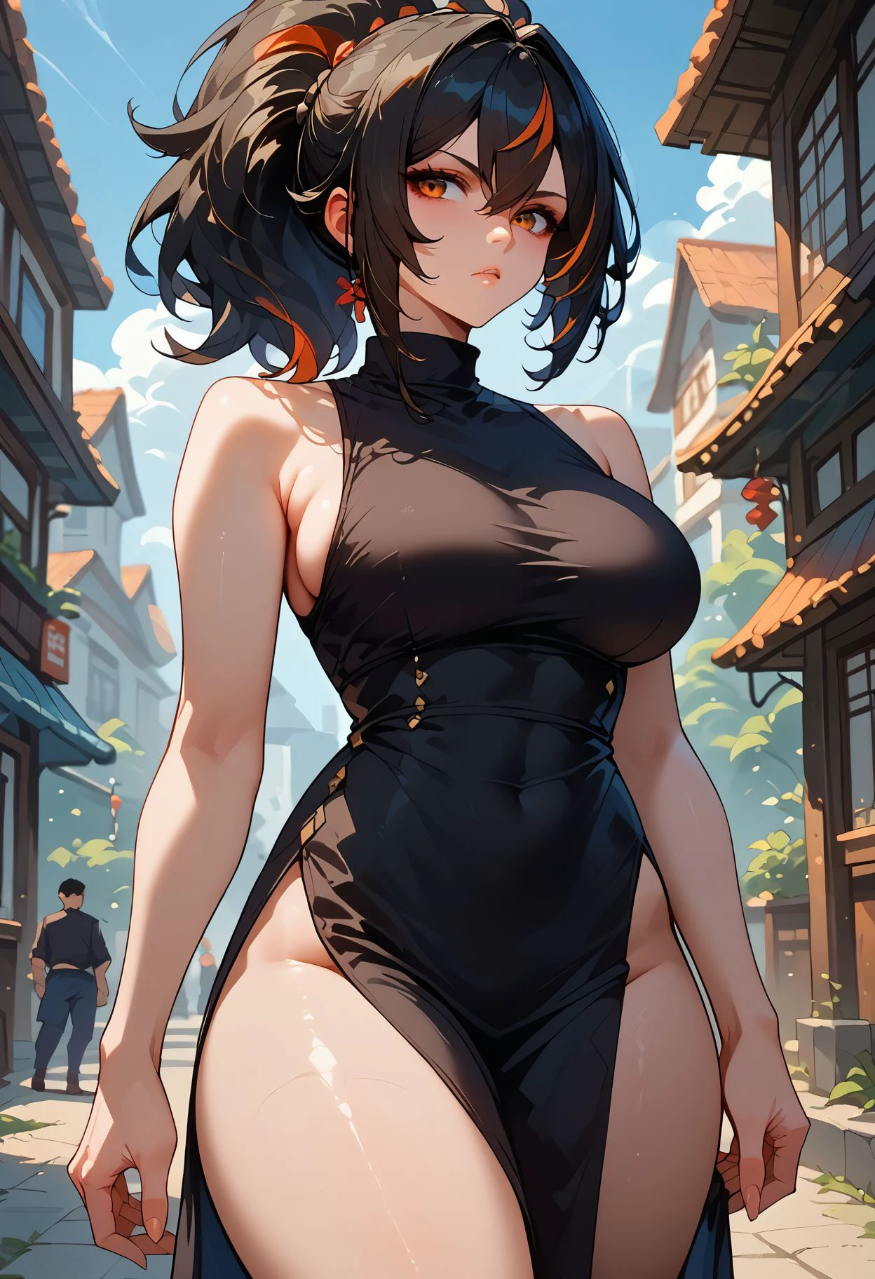 18-year-old female, an alluring body, huge breast and huge ass, bob black haircut, white-skinned, red eyes, wearing a plain black majestic chemise, standing in front of a medieval regal school front, cold expression on hes face, night time, wearing v lined 1 piece spandex.