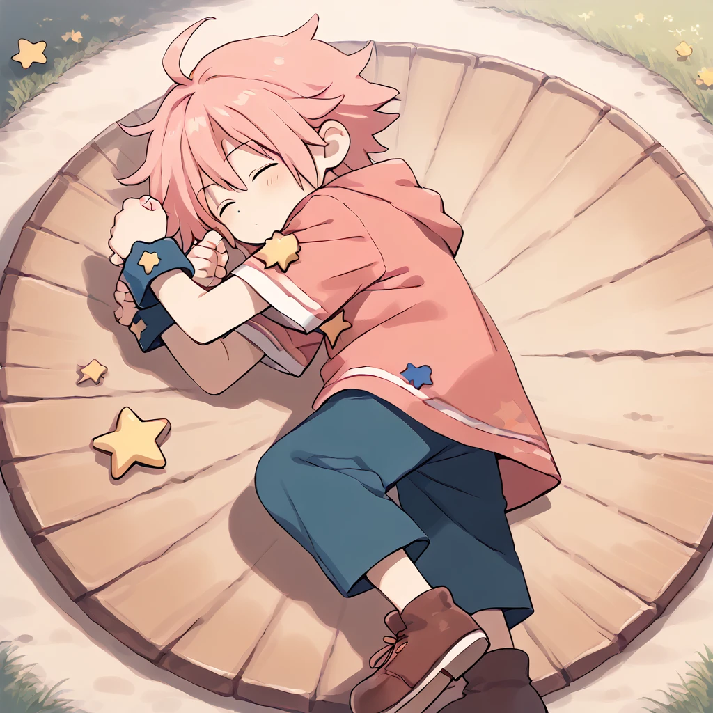 <lora:Kirby_Gijinka:1> pink hair, solo, blue eyes, 1boy, short hair, star (symbol), ahoge
 <lora:meme_yamchapose_ponyXL:0.8> yamchapose, lying, on side, closed eyes