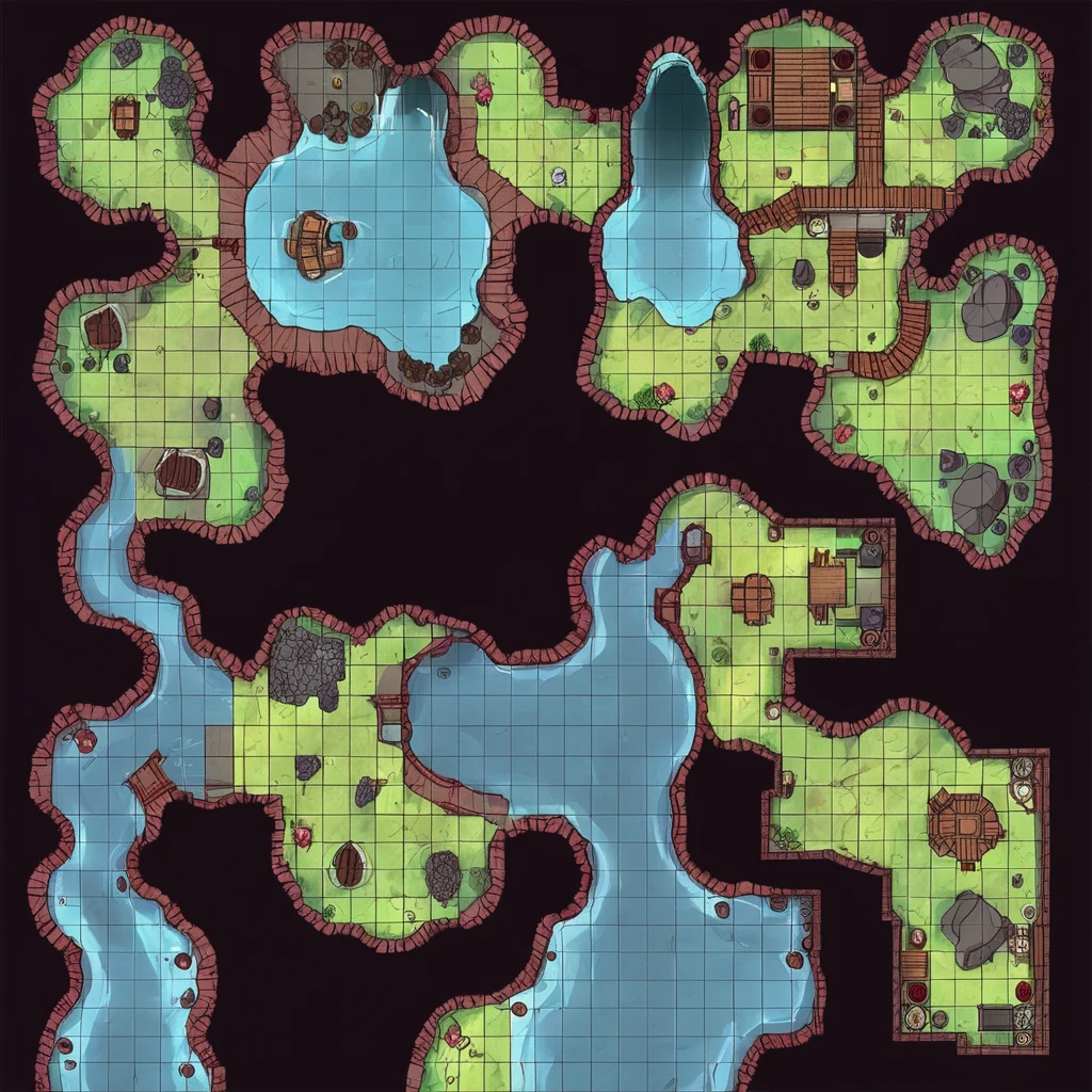 battlemap, best quality, masterpiece, dungeon map of a natural cave and some constructed rooms, a stream running through one room  <lora:SDXL-Battlemaps:0.6>