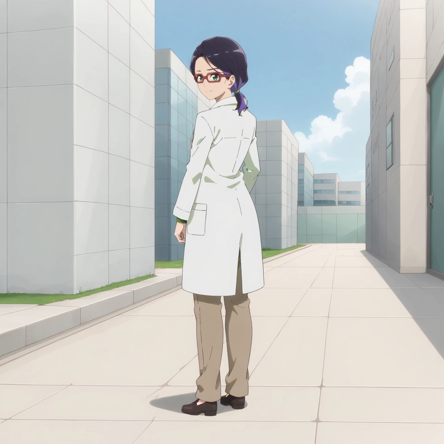 <lora:NCfY_JyoiXLpony001>,
smile,
solo,
Jyoi,1girl,multicolored hair,black hair,purple hair,low ponytail,green eyes,red-framed eyewear,
lab coat,green shirt,
brown pants,
outdoors,
full body,standing,looking back,