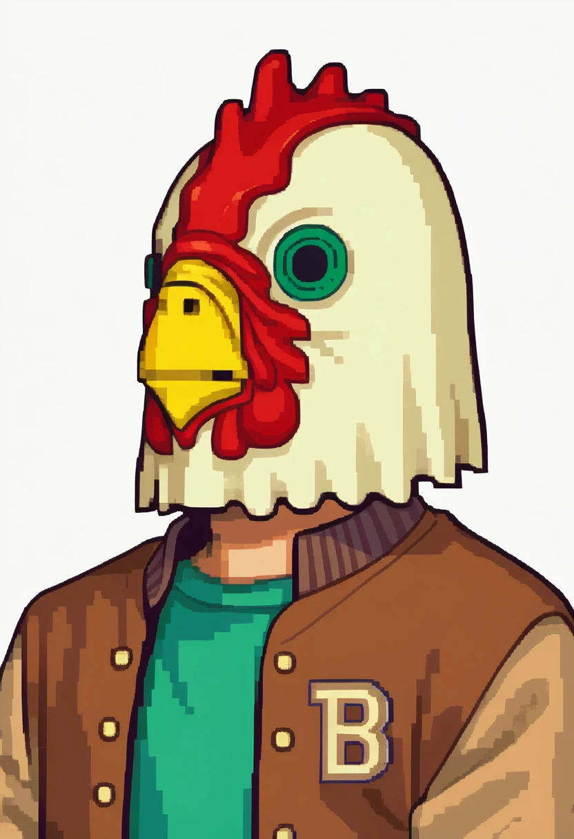 score_9, score_8_up, source_anime, 1boy, solo, fegbaportraits, portrait, white background, JacketHotlineMiami, mask, letterman jacket, brown jacket, green shirt, <lora:ChamJacketHotlineMiamiPonyXL:1>, <lora:zs_FEGBAPortraitsXL:1>