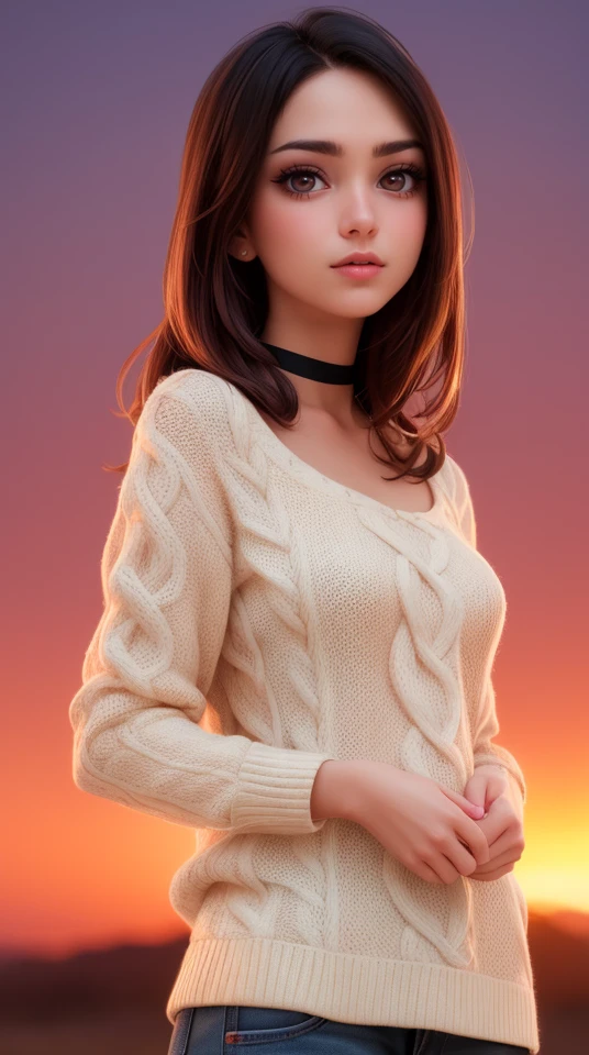 1 young cute iranian girl, medium eyes, detailed eyes, expressive eyes, very slim, skinny, redhead, rouge, red neck lace choker, cateyes makeup, colorful, oversize knit jumper, softcore, warm lighting, cosy atmosphere, Instagram style, red theme, upper body shot,(cinematic, black and red:0.85), (sunset beautiful background:1.3), sharp, dim colors