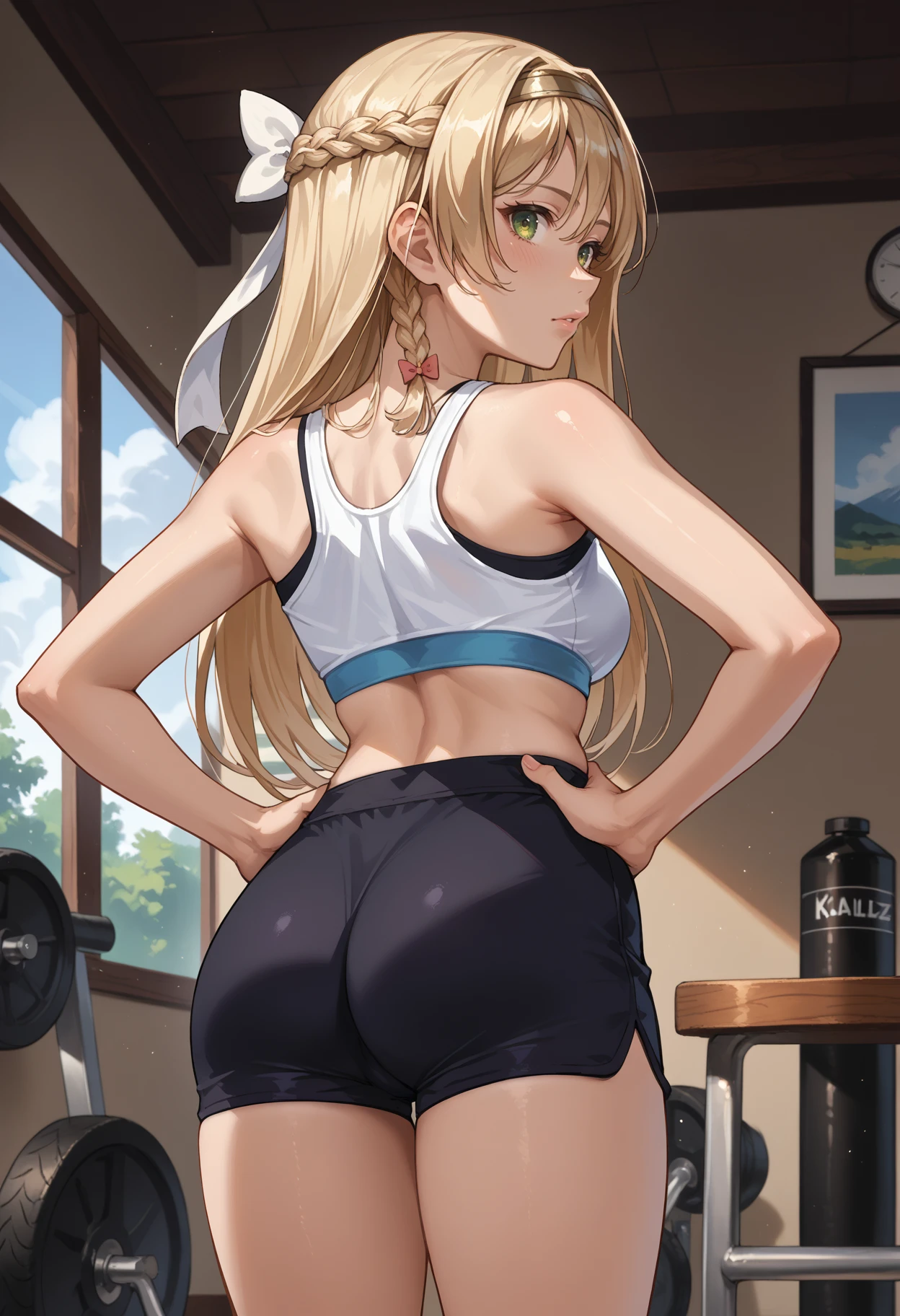 score_9, score_8_up, source_anime, 1girl, solo, KlaudiaValentz, long hair, side braid, hairband, white hair bow, from behind, looking back, hands on hips, sports bra, black shorts, ass, <lora:ChamKlaudiaValentzPonyXL:1>