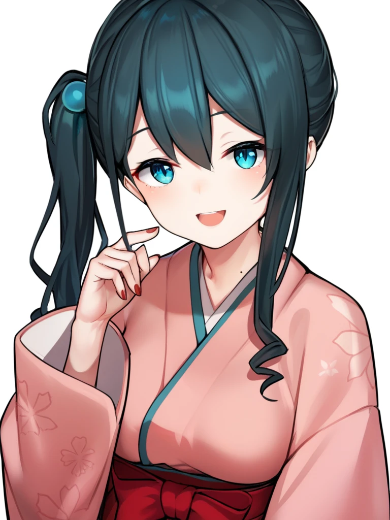 <lora:Haruka Onomachi_v1:1>Haruka Onomachi, 1girl, solo, japanese clothes, mole on neck, kimono, white background, smile, side ponytail, virtual youtuber, hand up, hair ornament, looking at viewer, bangs, simple background, wide sleeves, open mouth, score_9, score_8_up, score_7_up, score_6_up, score_5_up, score_4_up,