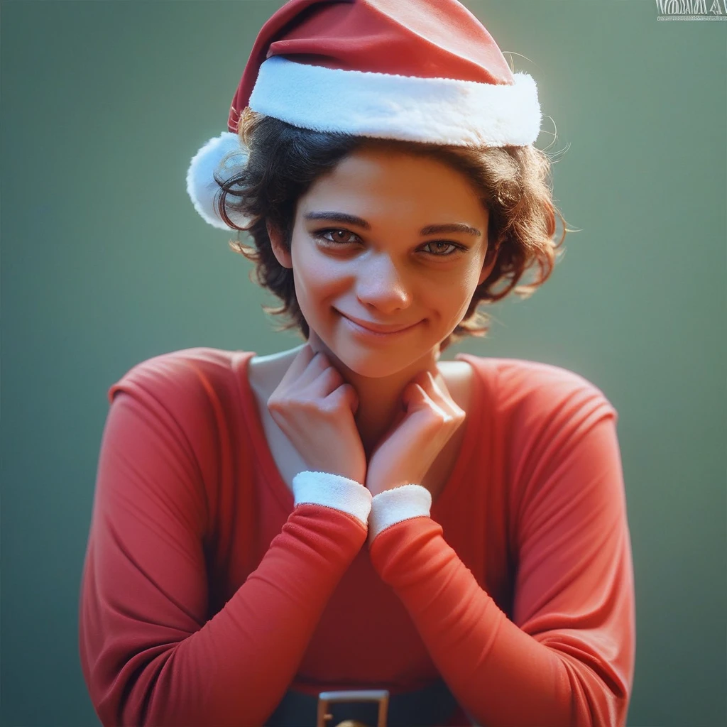 score_9, score_8_up, score_7_up, score_6_up, Tina-Amour, 1girl, solo, petite, looking at viewer, smile, short hair, brown hair, brown eyes, santa costume, red hat, red dress, long sleeves, portrait, upper body,