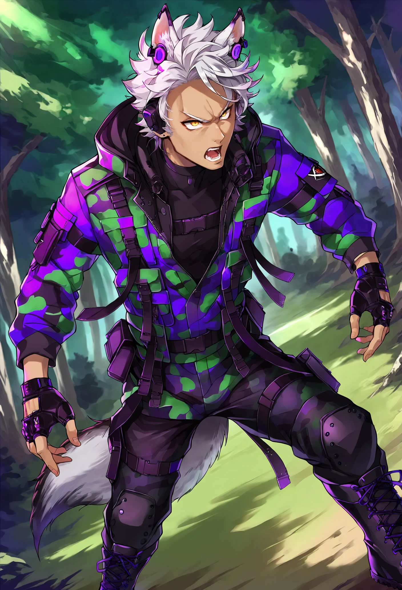 score_9, score_8_up, score_7_up,
j4ckbeans, j4ckh0wl, animal ears, wolf ears, wolf tail, white hair, yellow eyes, 1boy, male focus, animal ears, dark-skinned male, solo, dark skin,
tactical clothes, long sleeves, camouflage jacket, open jacket, black shirt, camouflage pants, fingerless gloves, combat boots, belt, earrings, pouch, harness, bulletproof vest, headset,
outdoors, forest, trees, nature,
angry, scowl, open mouth, action pose, dutch angle, 
open arms, claw,
<lora:Jack_Howl:0.9>