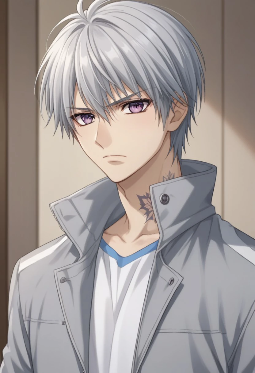 score_9, score_8_up, score_7_up, source_anime, highly detailed, 
ZeroKiryu, 1boy, solo, male focus, upper body, grey hair, standing, looking at viewer, purple eyes, tattoo, neck tattoo, shirt, white shirt, jacket, grey jacket, open jacket, track jacket,
indoor, frown,