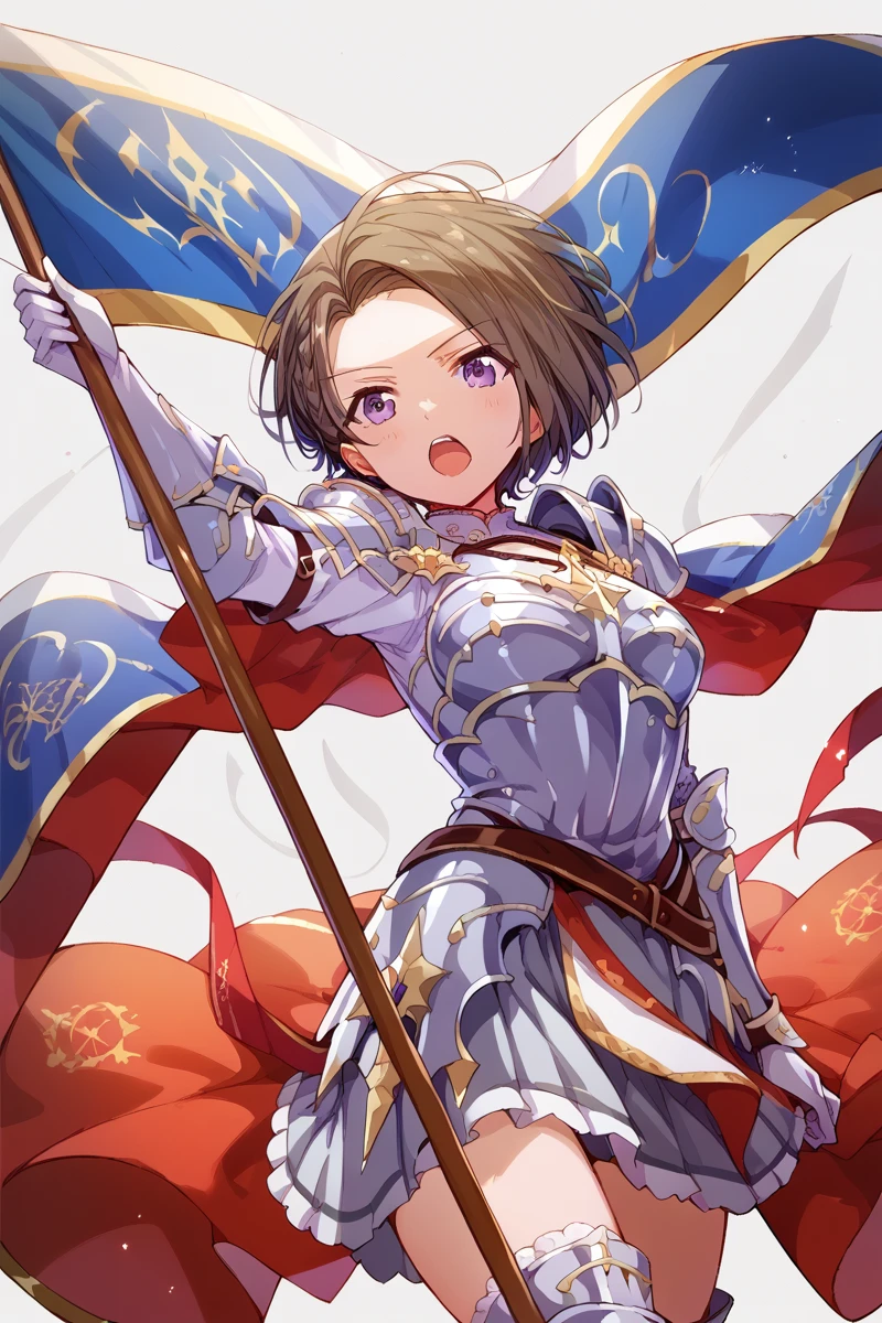 score_9, score_8_up, score_7_up, score_6_up, 1girl,
 <lora:Suzu_Minase:0.9> suzu, short hair, flag, purple eyes, solo, armor, open mouth, banner, skirt, thighhighs, gloves, holding flag, weapon, cape, brown hair, darc