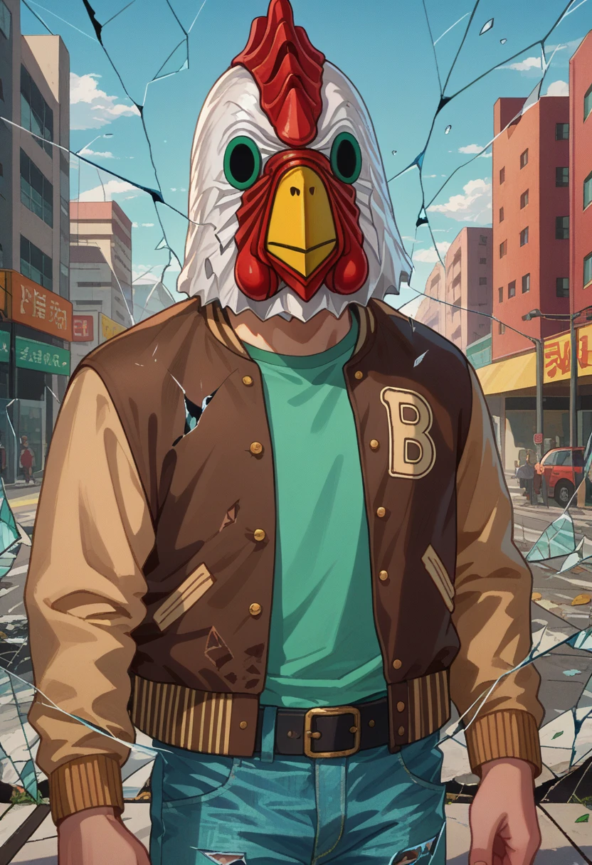 score_9, score_8_up, source_anime, 1boy, solo, shattered, crack, broken glass, JacketHotlineMiami, mask, letterman jacket, brown jacket, green shirt, belt, jeans, outdoors, <lora:ChamJacketHotlineMiamiPonyXL:1>, <lora:ShatteredGlass_XLPD:1>