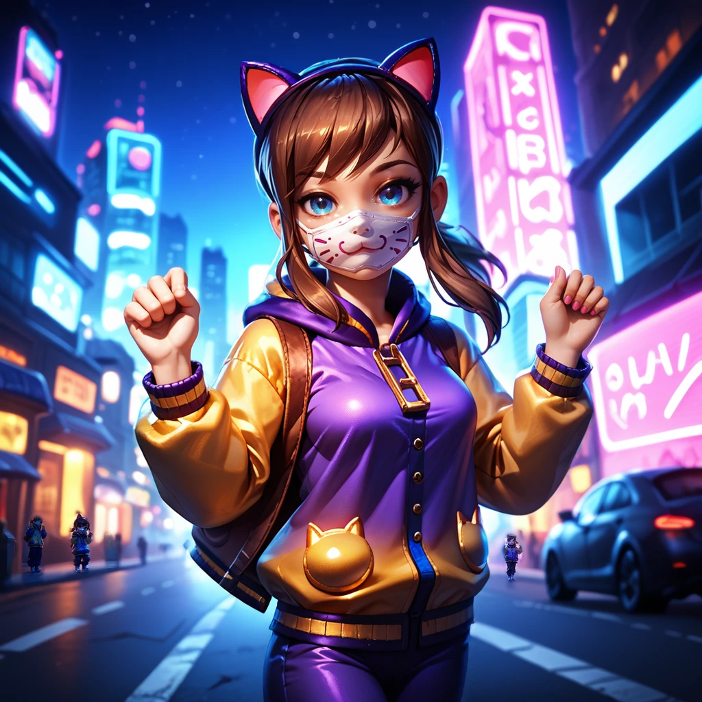 <lora:hatkid:1>,1girl,solo,hat-kid,aged up,medium breasts,brown hair,sidelocks,ponytail,blue eyes,fake cat ears,cat mouth mask,yellow-purple letterman jacket,
outdoors,city,neon lights,blurry background,night,night sky,street,science fiction,
cowboy shot,hands up,paw pose,looking at viewer,bedroom eyes,, score_9, score_8_up, score_7_up, perfect anatomy, source_anime, zPDXL2,