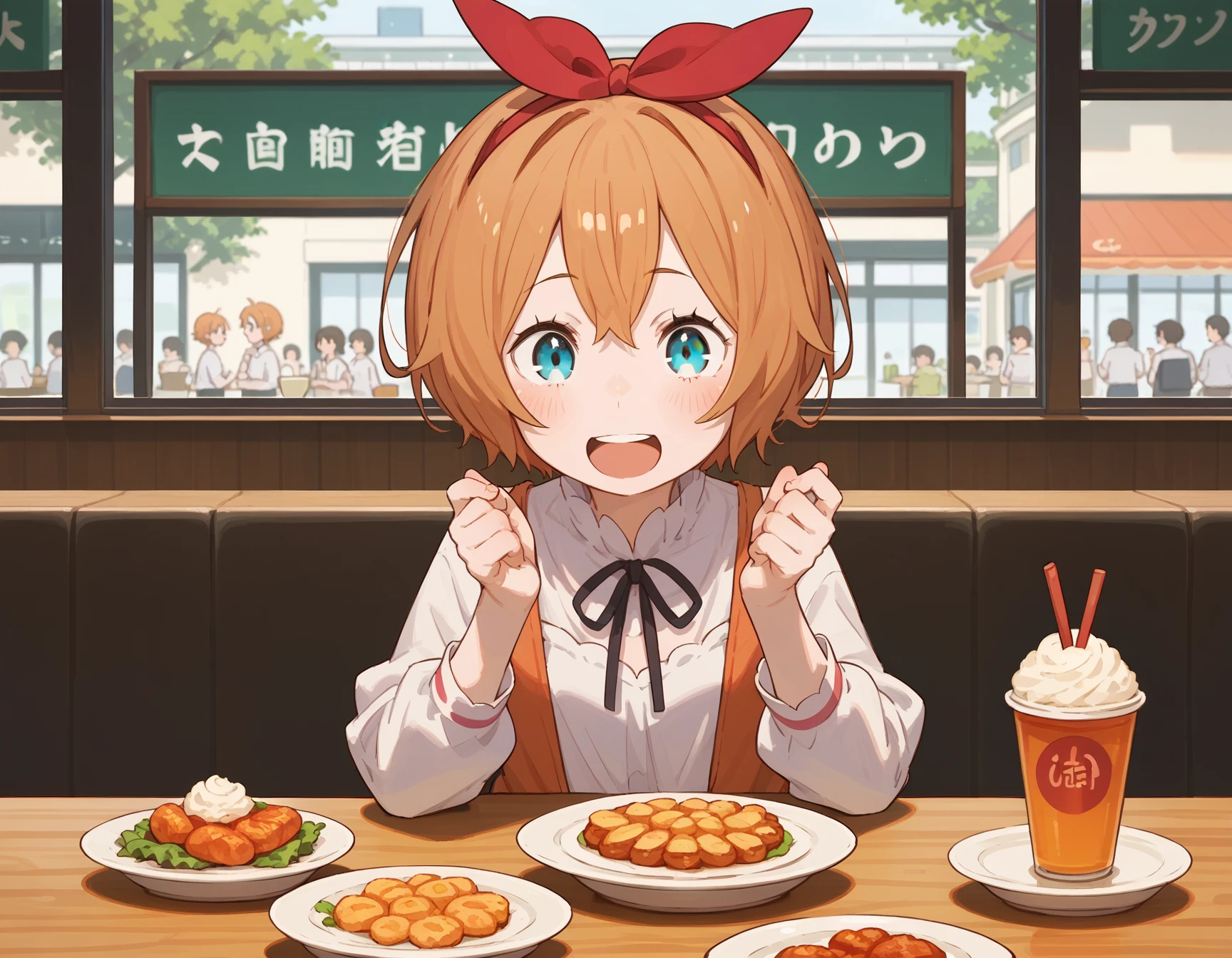 <lora:Petra_v2:1>, blue eyes, petra leyte, red brown hair, short hair, sitting in a cafe, excited, food, solo, score_9, score_8_up, score_7_up, score_6_up, score_5_up, score_4_up, source_anime