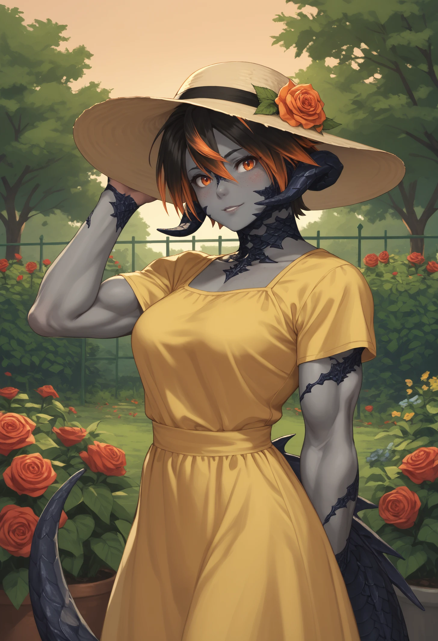 score_9, score_8_up, score_7_up, 1girl, Kyarine, dragon girl, grey skin, horns, ringed eyes, freckles, scales, short hair, streaked hair, two-tone hair, black hair, spiked tail, medium breasts, grey nails, toned, biceps,
sunhat, yellow sundress, hat flower, short sleeves, 
looking at viewer, smile, blush, parted lips, hand on headwear, 
outdoors, garden, fence, roses, sunset, side view,
<lora:Kyarine-Cath-PDXL_V2-Manityro-CAME:1.0>,