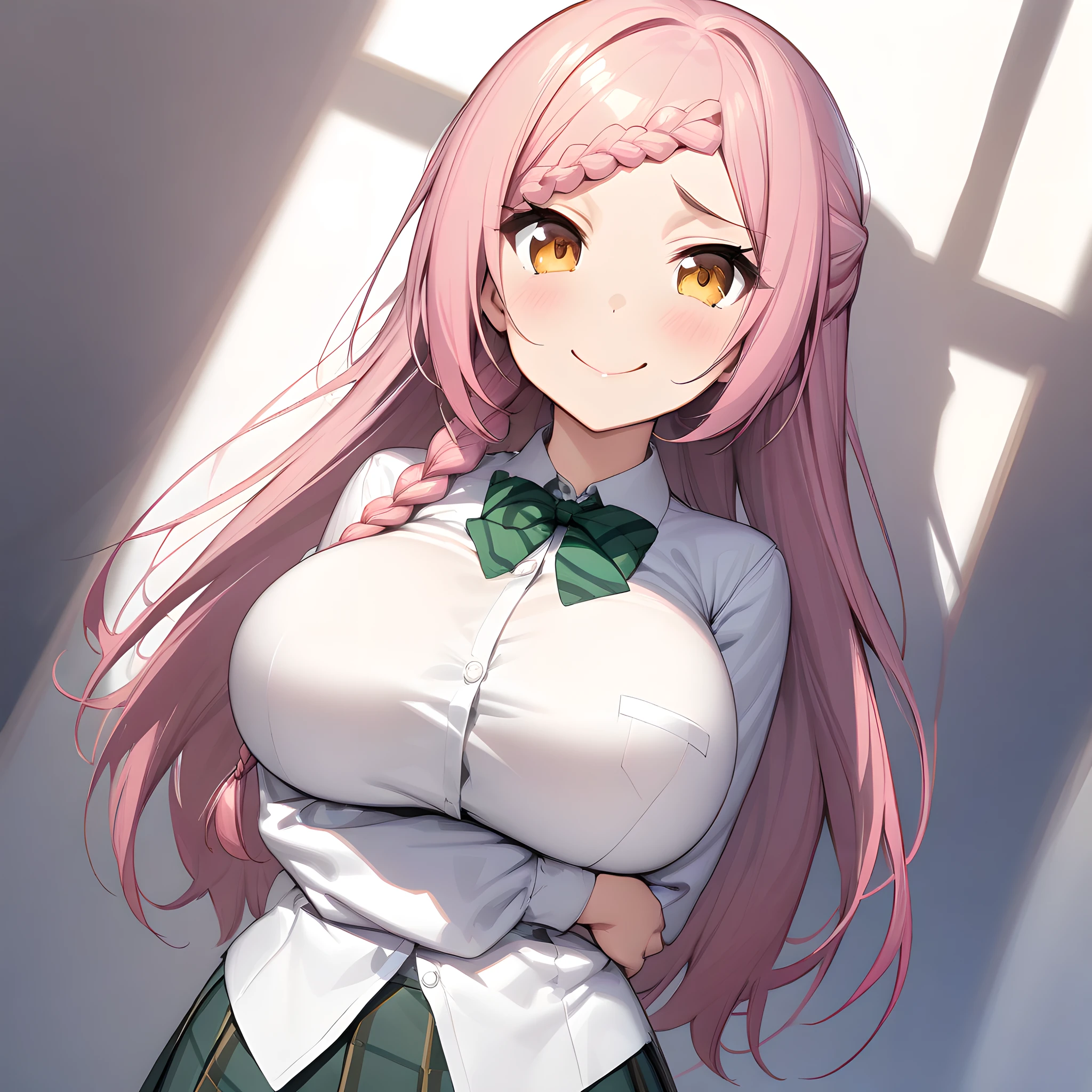 (masterpiece),(best quality),(ultra-detailed),(best illustration),(best shadow),(absurdres),(detailed background),(very aesthetic), yoshida_kochou, 1girl, braid, solo, breasts, long hair, large breasts, pink hair, smile, jacket, school uniform, white background, upper body, simple background, looking at viewer, shirt, white shirt standing, hands on waist, looking at viewer, smug face, large breasts, <lora:XL-YoshidaKochou:1>