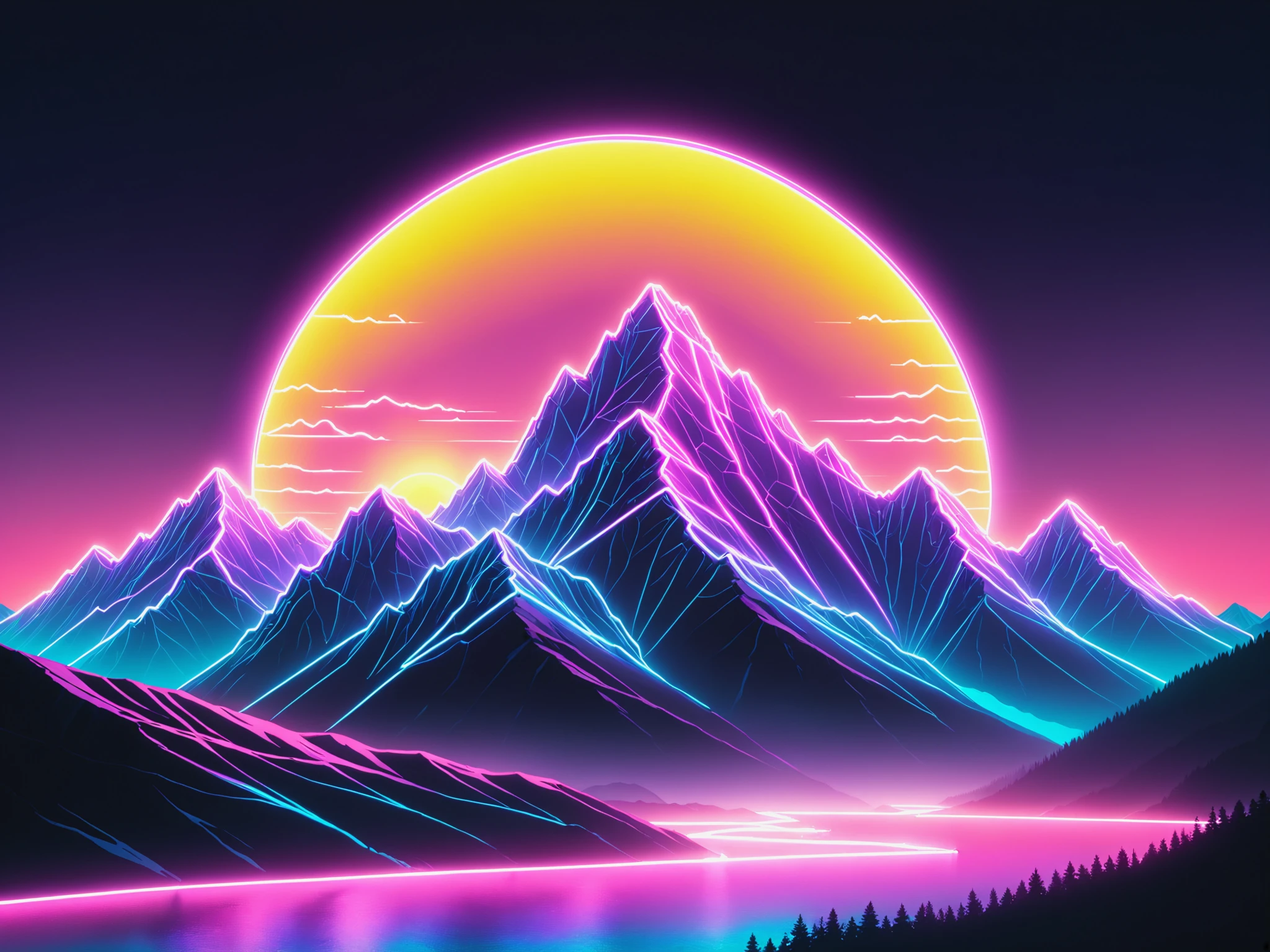 purple sun, mountains, neon, outline <lora:Neon_Cyberpunk_Vaporwave_SDXL:1.0>, (masterpiece:1.2), best quality