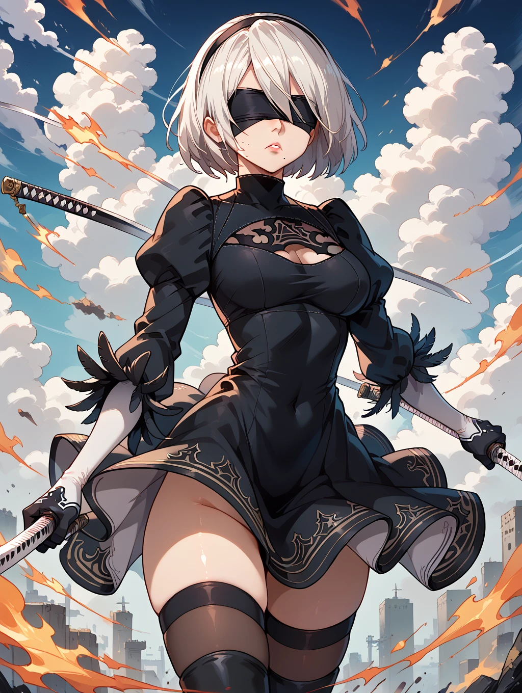 ((masterpiece,best quality)), absurdres, hm2b, black blindfold, covered eyes, mole under mouth, clothing cutout, long sleeves, puffy sleeves, juliet sleeves, feather trim, black thighhighs, black gloves, black dress, black skirt, thigh boots, <lora:y2b_v2-1:0.7>, holding weapon, katana, night, cyberpunk,