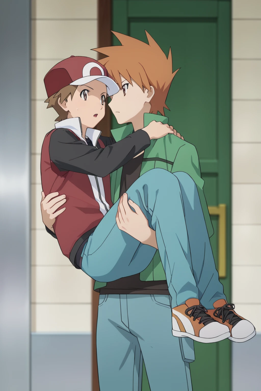 score_9, score_8_up, score_7_up, score_6_up, masterpiece, best quality, amazing quality, best aesthetic, absurdres, intricate details, detailed face, source_anime, red_origins, brown hair, brown eyes, black shirt, red vest, green_origins, orange hair, brown eyes, green jacket, black shirt, 2boys, multiple boys, male focus, hat, pants, princess carry<lora:EMS-440908-EMS:1.000000>, <lora:EMS-413232-EMS:0.800000>