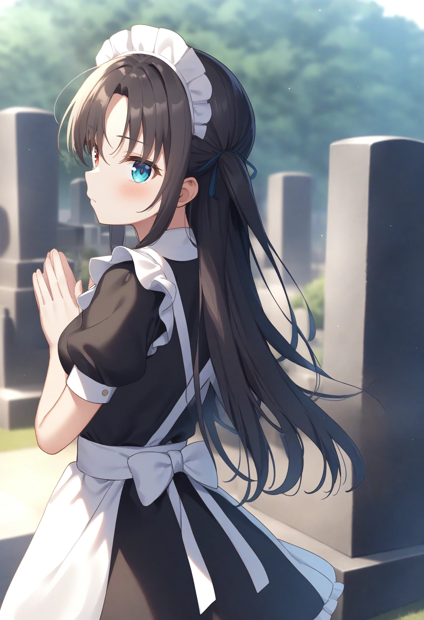 1girl,sincos, ningen mame, toosaka asagi,solo,medium breasts,20yo,maid,maid headdress,
day, closed mouth, grave, expressionless, graveyard, palms together, sotoba, short sleeves, clapping,  standing,  <lora:tombstone_XL_v1:0.8>
from behind, portrait, looking to the side, black hair, heterochromia,lightly curled inwards hair,,
best quality, very aesthetic, absurdres