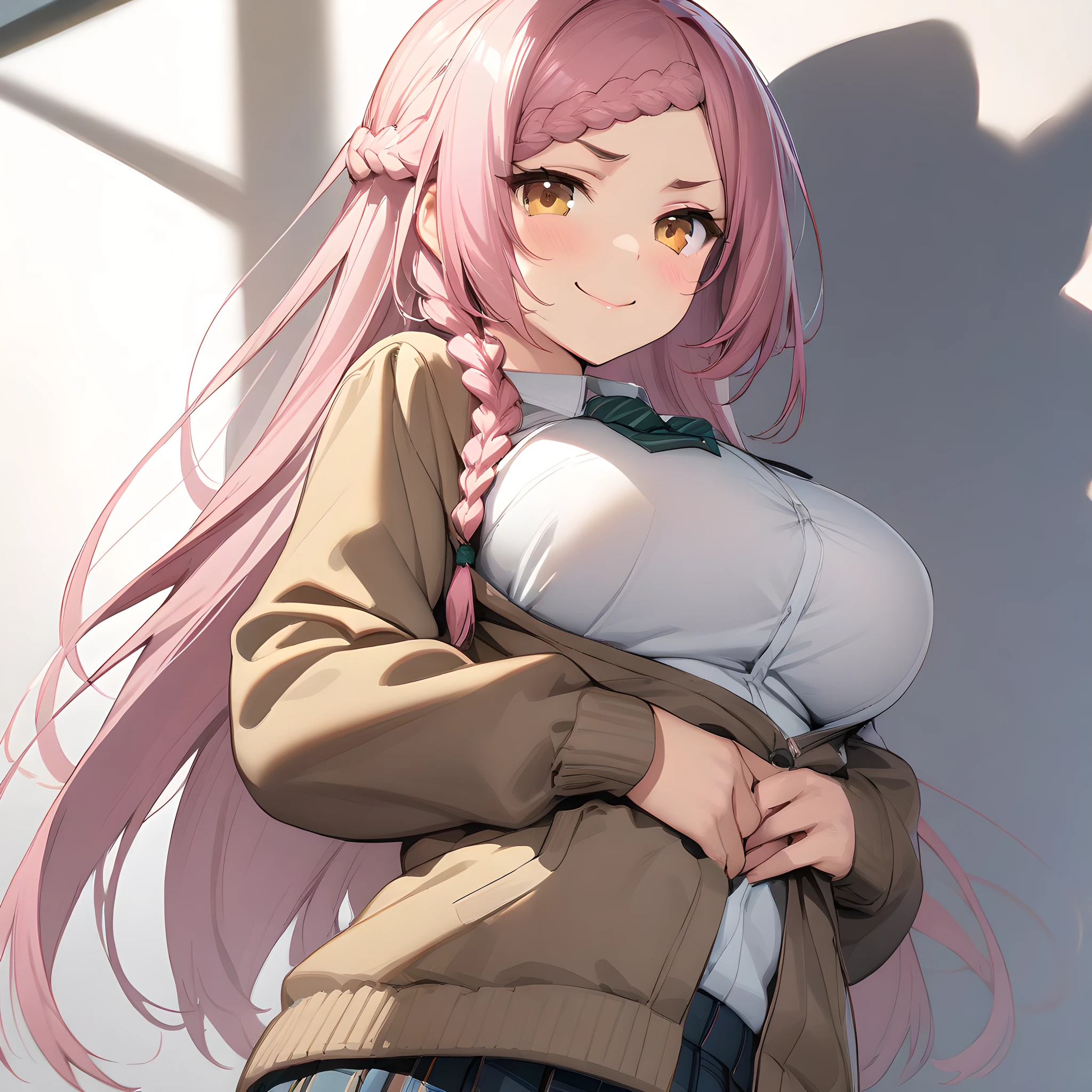 (masterpiece),(best quality),(ultra-detailed),(best illustration),(best shadow),(absurdres),(detailed background),(very aesthetic), yoshida_kochou, 1girl, braid, solo, breasts, long hair, large breasts, pink hair, smile, jacket, school uniform, white background, upper body, simple background, looking at viewer, shirt, white shirt standing, hands on waist, looking at viewer, smug face, large breasts, <lora:XL-YoshidaKochou:1>