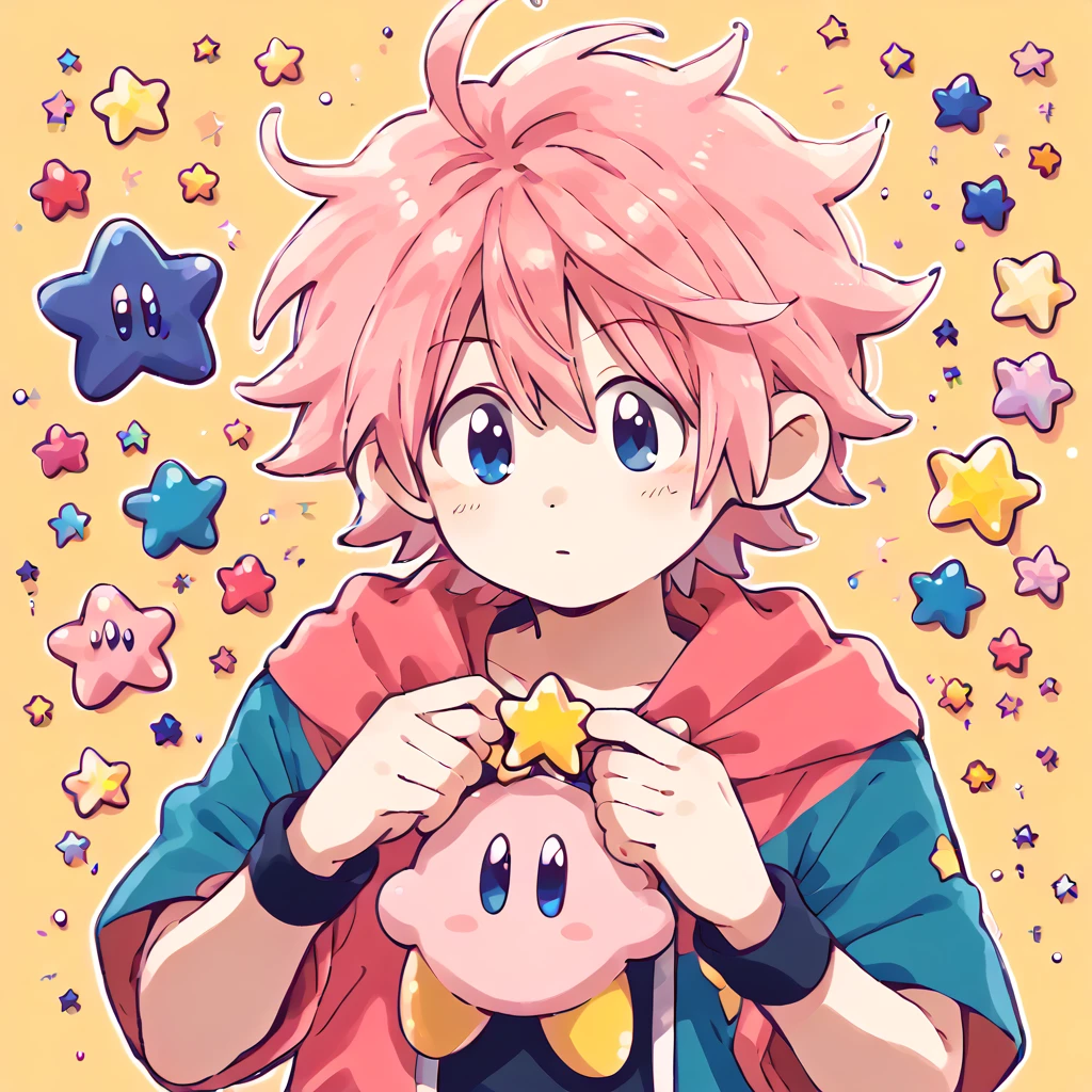 <lora:KirbyJP:1.5> (solo:2), (simple background, yellow background:1)
 <lora:Kirby_Gijinka:1> pink hair, solo, blue eyes, 1boy, short hair, star (symbol), ahoge